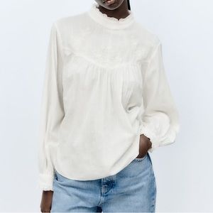 ZARA Embroidered romantic blouse, oyster white,  Size Small
